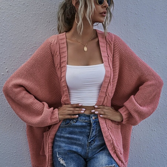 open front knit pocket batwing sleeve cardigan - Picture 2 of 12